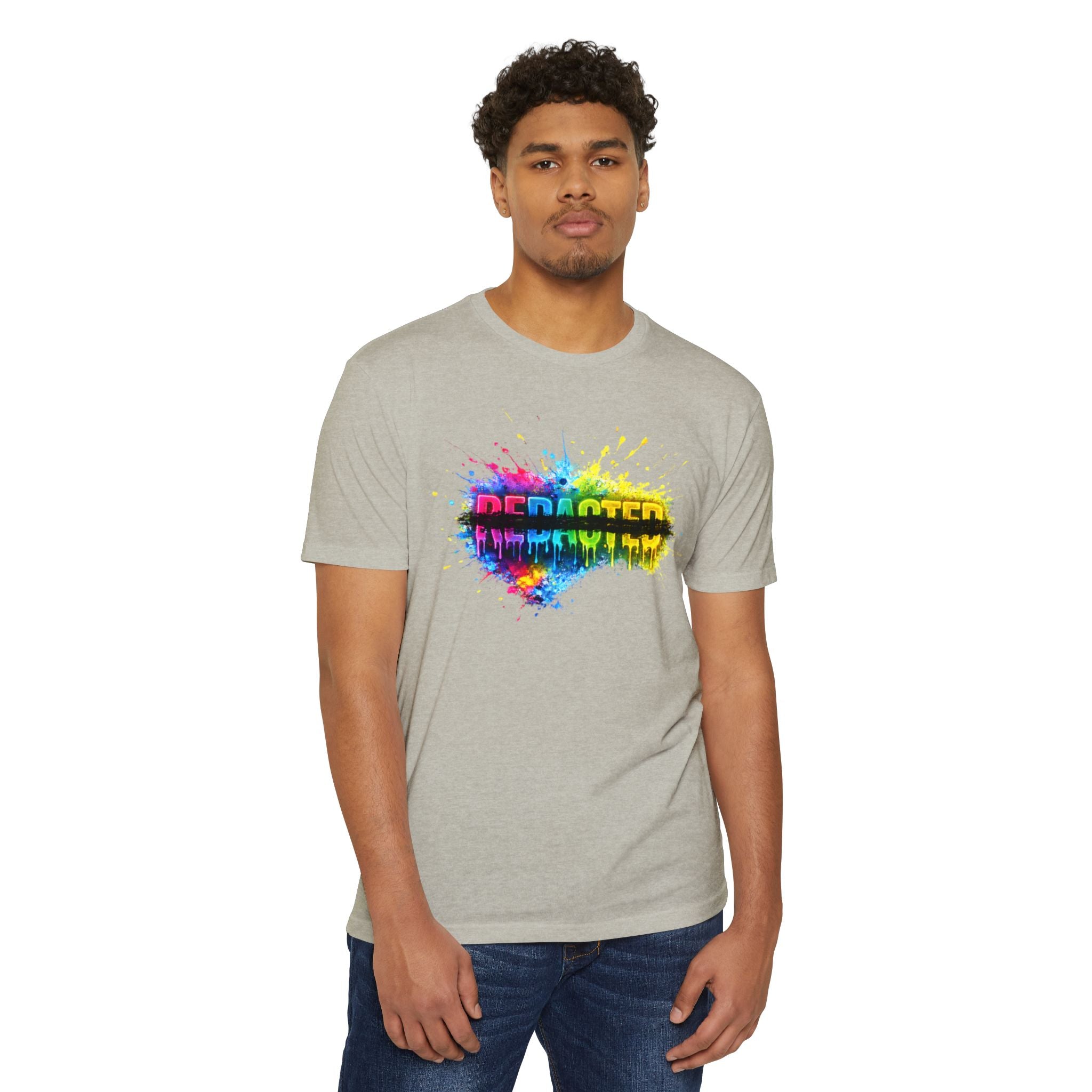 male model wearing Spectrum Leak paintball t-shirt colorful splatter design