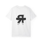 White t-shirt with a black graphic design on the back against a white background