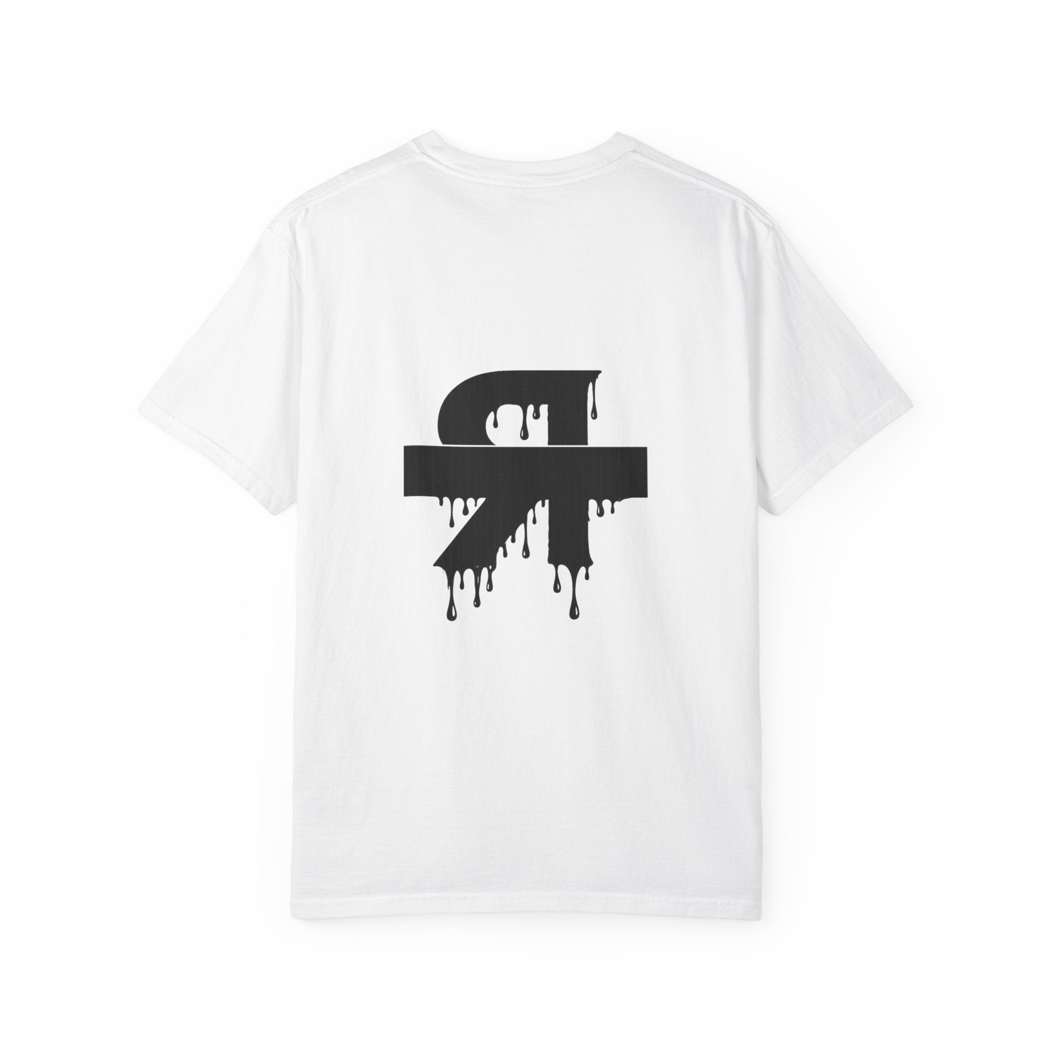White t-shirt with a black graphic design on the back against a white background