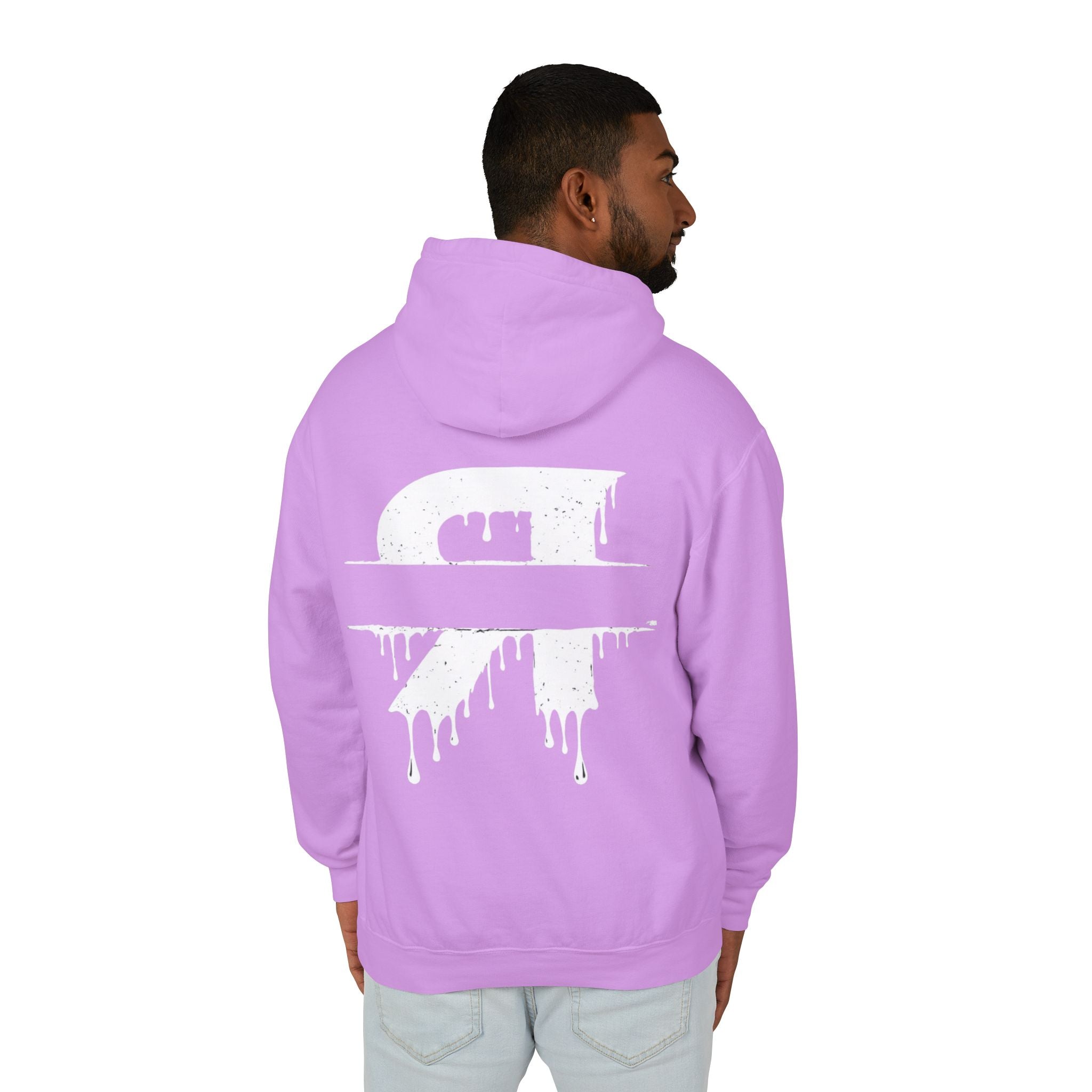 Person wearing a purple hoodie with a white logo on the back, standing against a white background