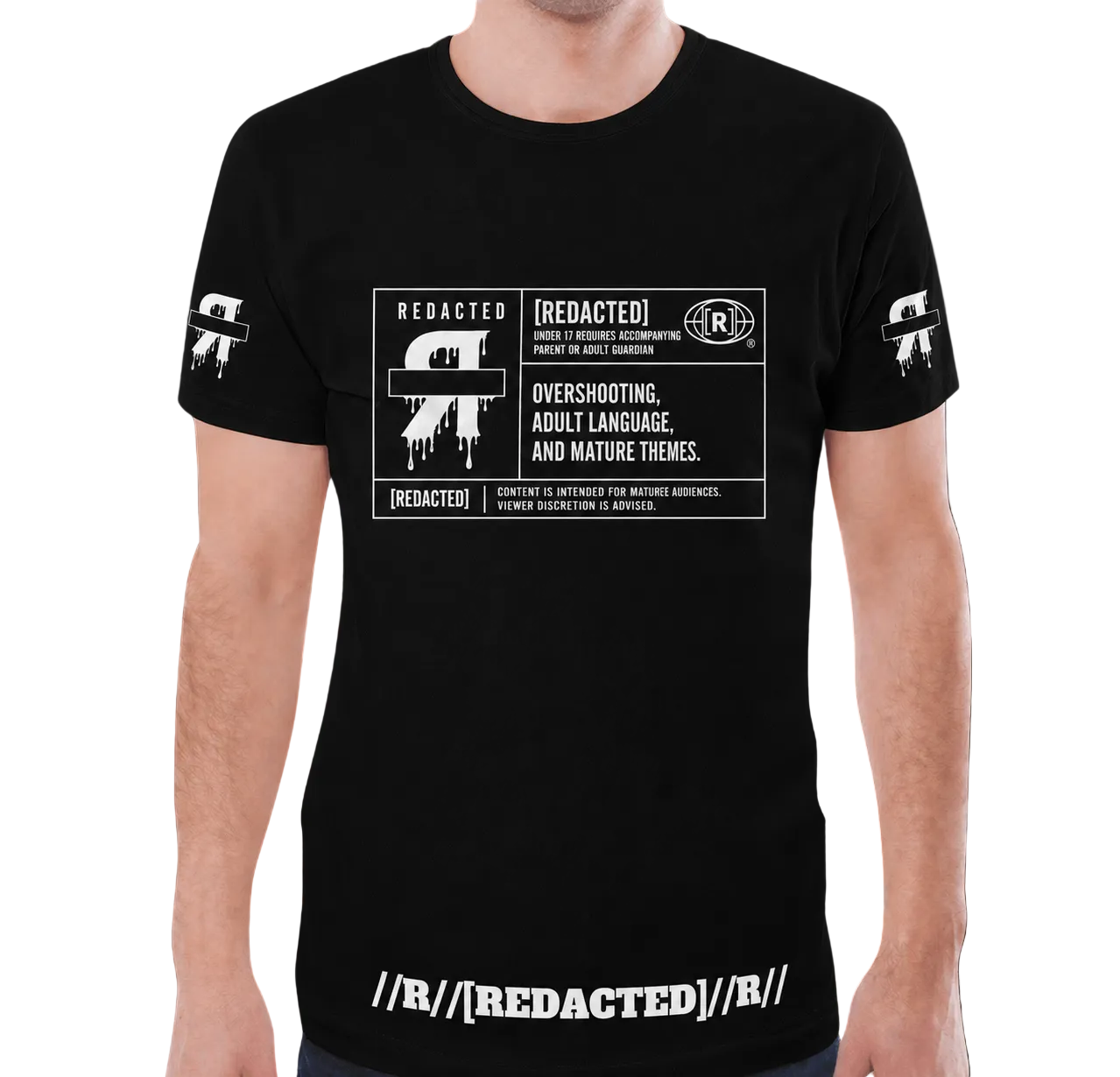 Black performance T-shirt on a male model featuring a centered white “[REDACTED]” warning-style graphic with dripping R design, matching sleeve logos, and lower hem text “//R//[REDACTED]//R//” on a black background.