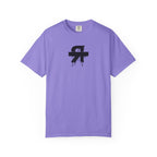 Purple t-shirt with a black logo on a white background