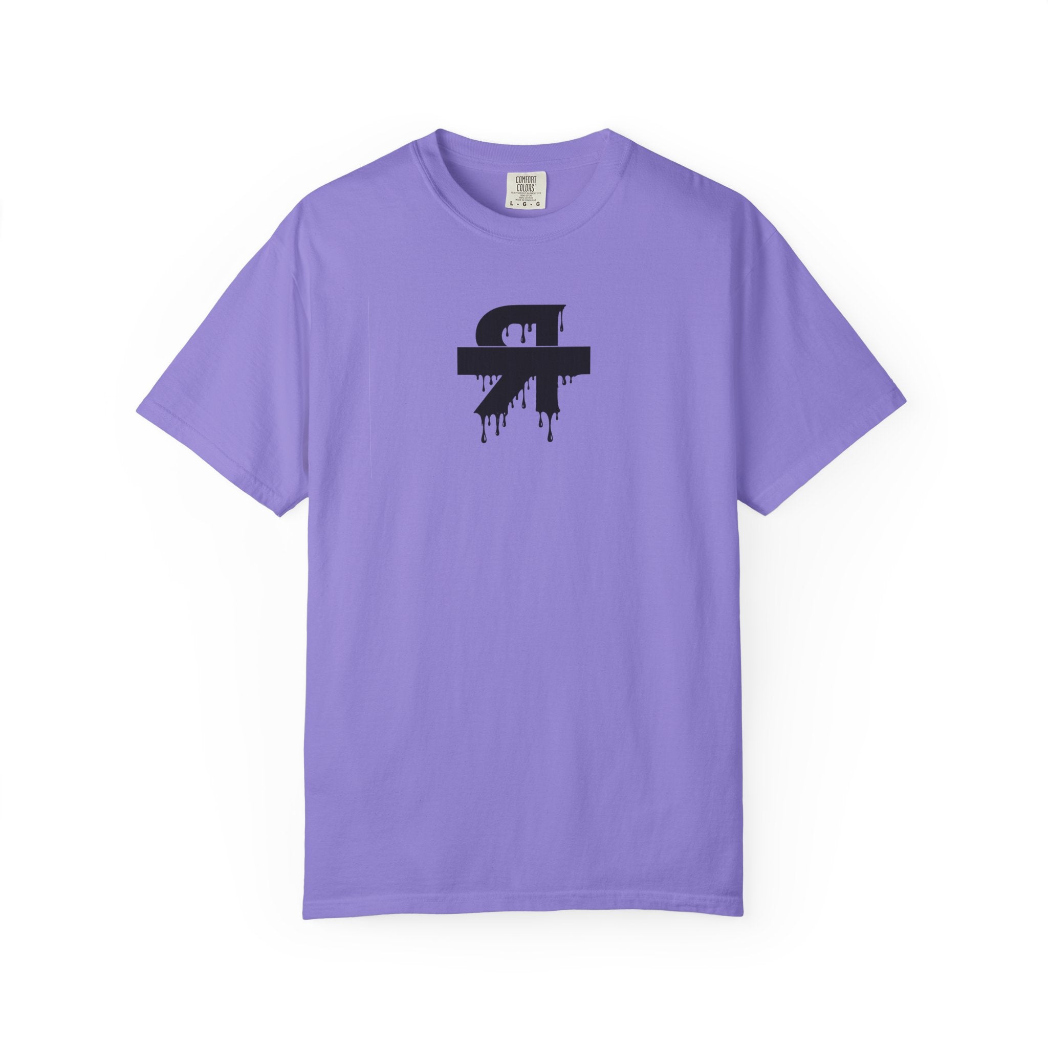 Purple t-shirt with a black logo on a white background