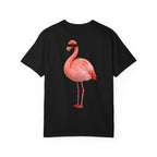Black t-shirt with a pink flamingo graphic on a white background