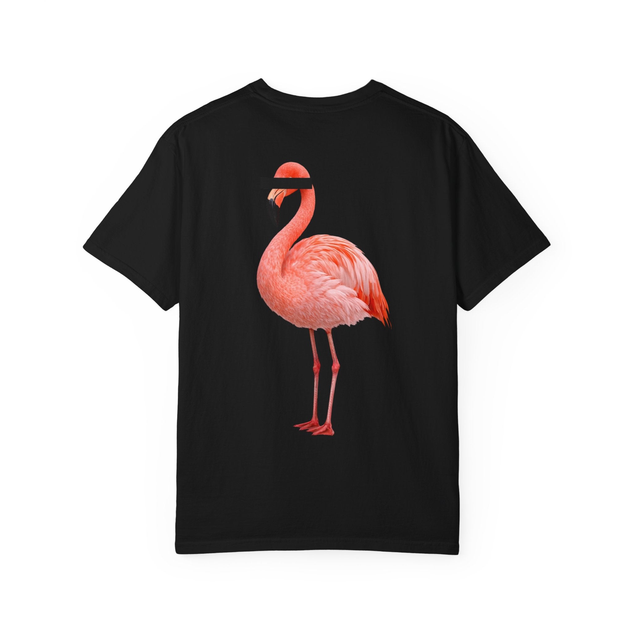 Black t-shirt with a pink flamingo graphic on a white background