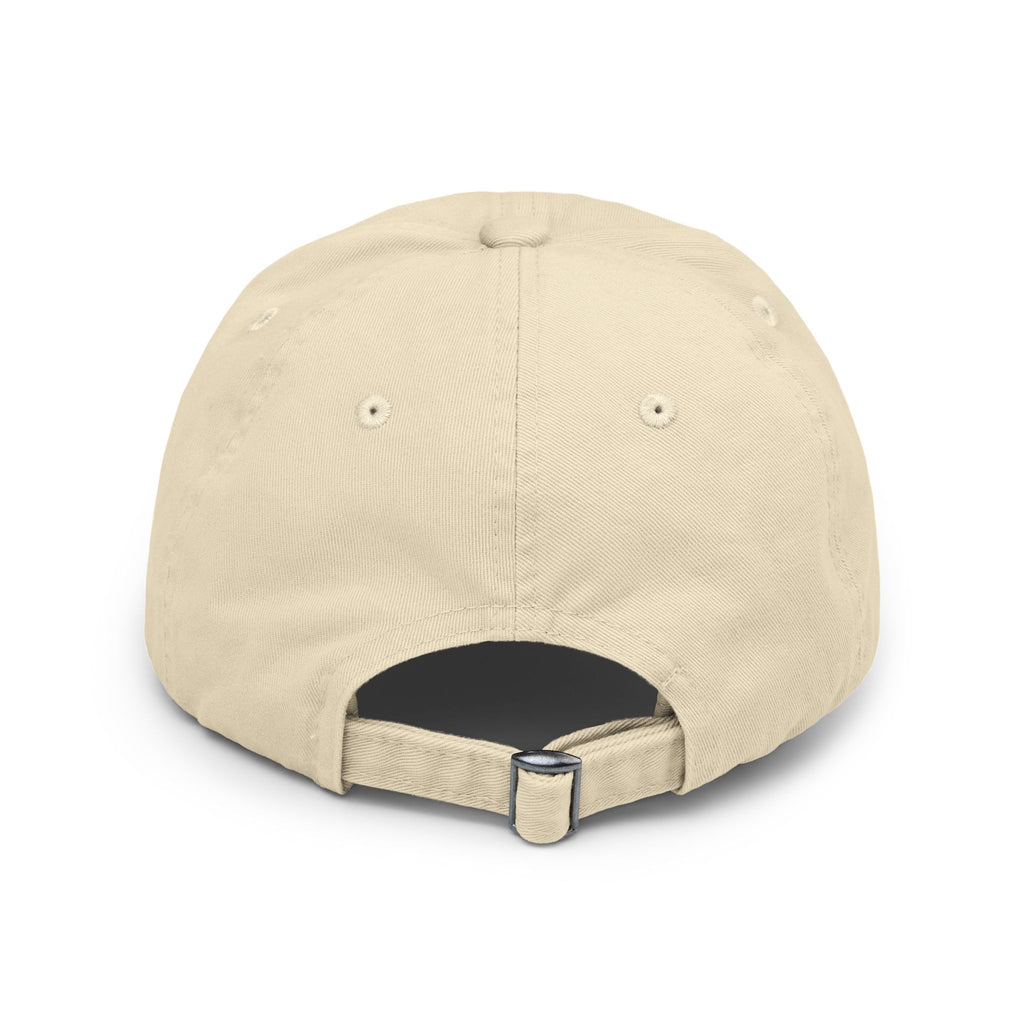 Tan strapback hat with [REDACTED] logo back angled product shot