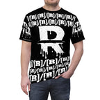 Black t-shirt with white graphic design on a white background