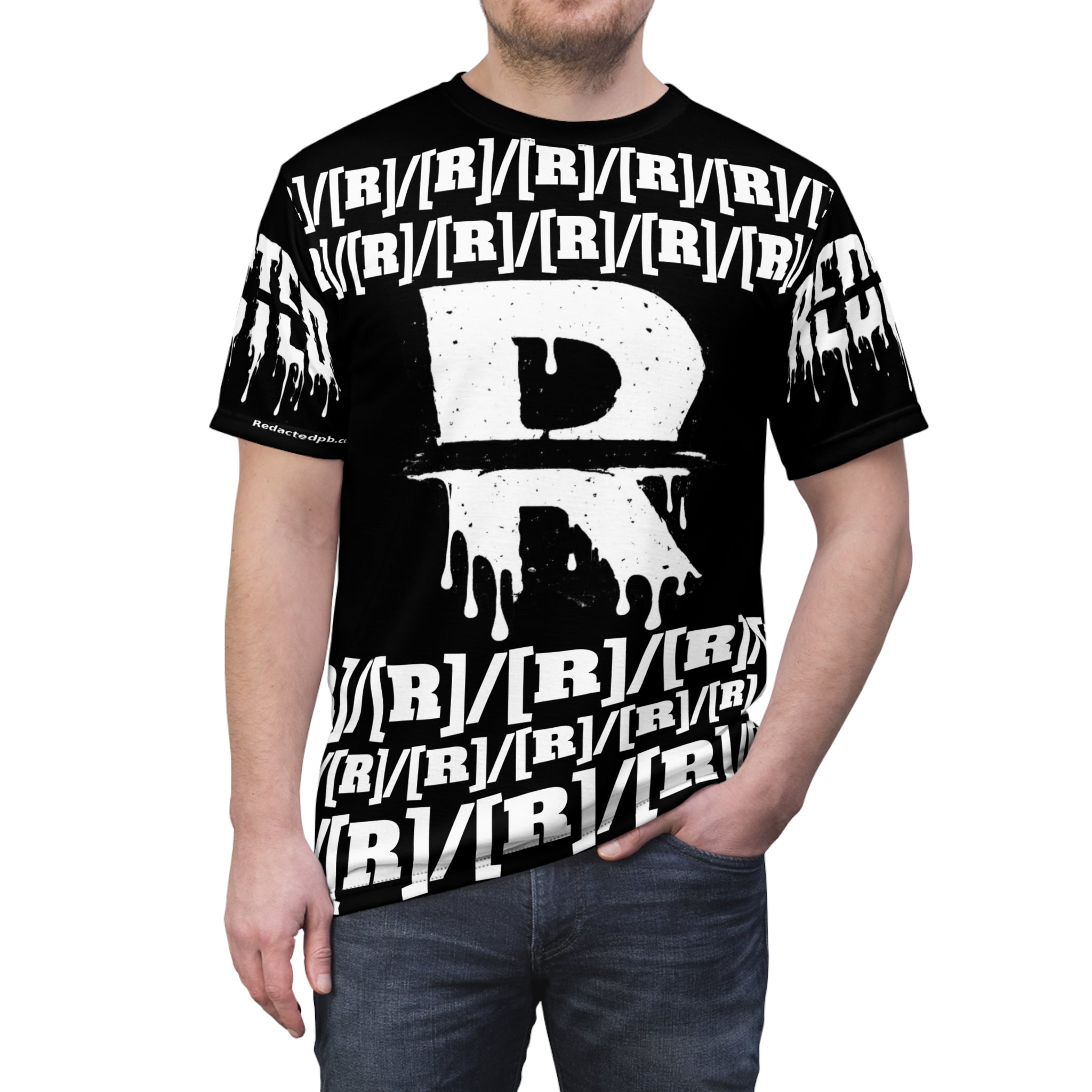 Black t-shirt with white graphic design on a white background