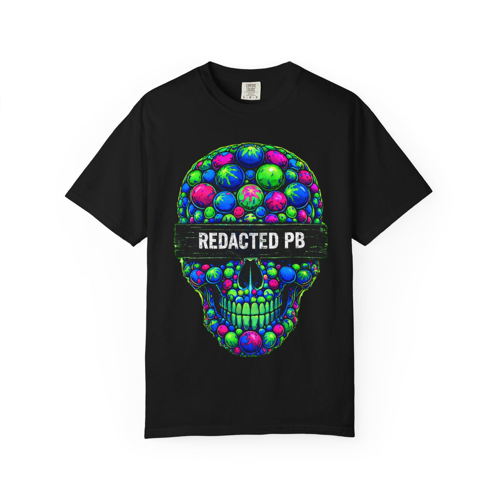 Black t-shirt with a colorful skull design and 'REDACTED PB' text on a white background