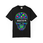 Black t-shirt with a colorful skull design and 'REDACTED PB' text on a white background