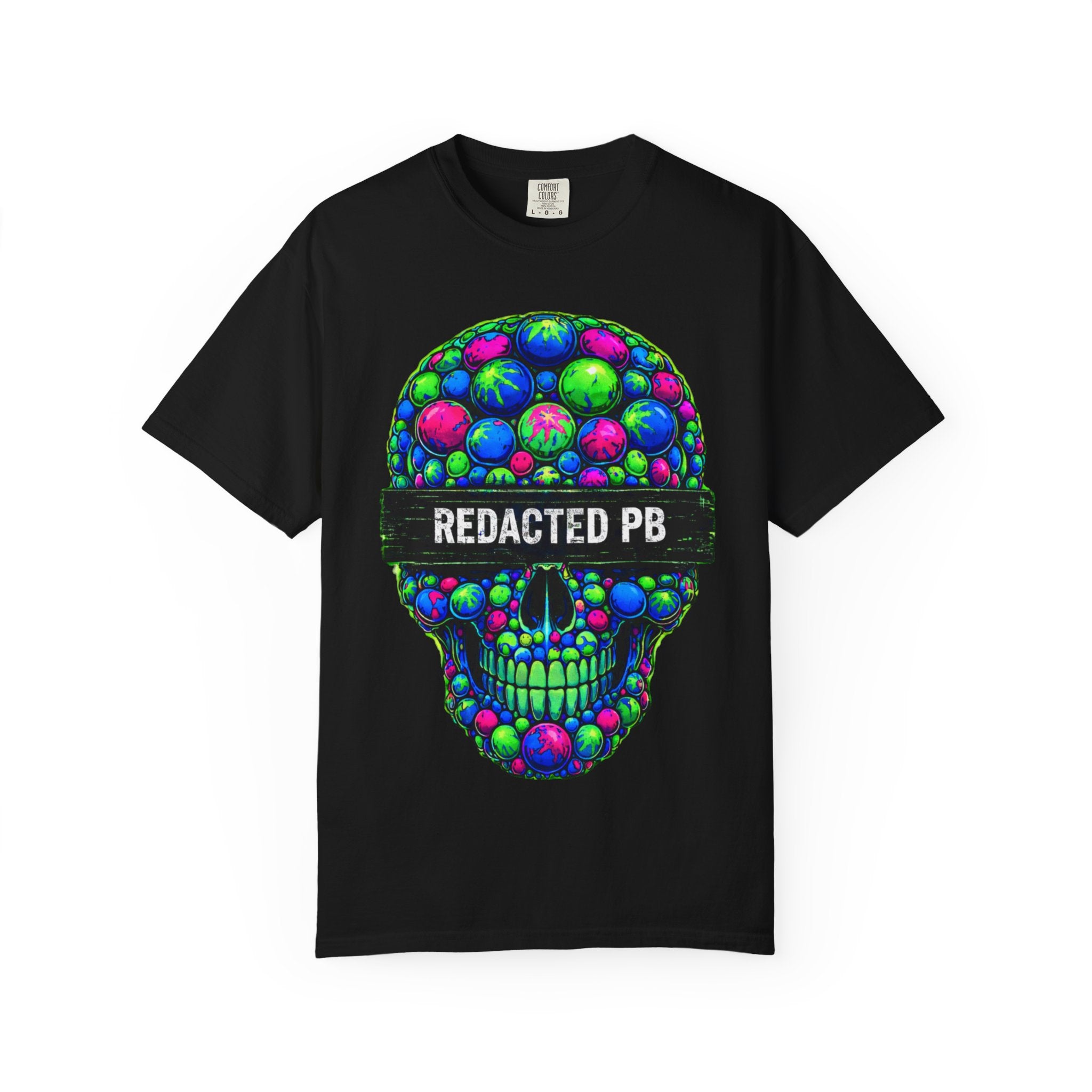 Black t-shirt with a colorful skull design and 'REDACTED PB' text on a white background