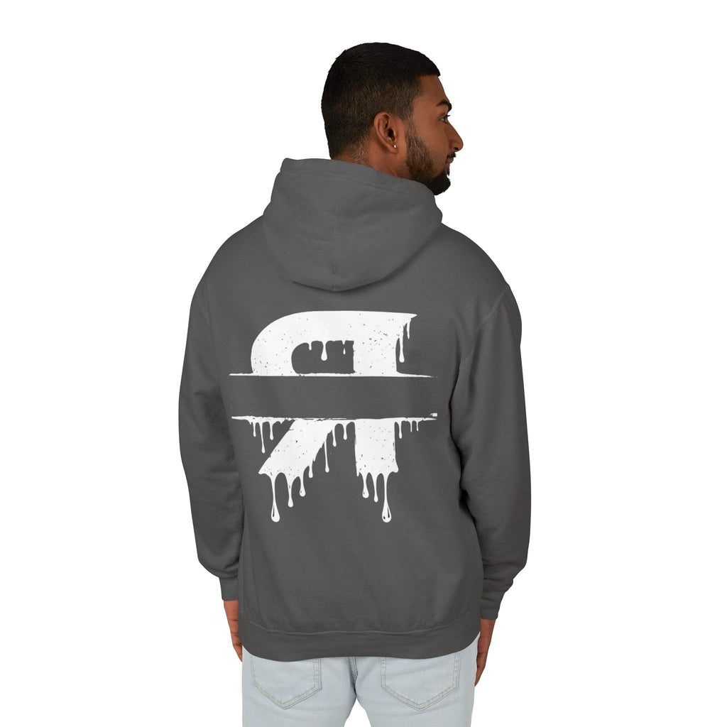 Man wearing a gray hoodie with a white logo on the back, standing against a white background