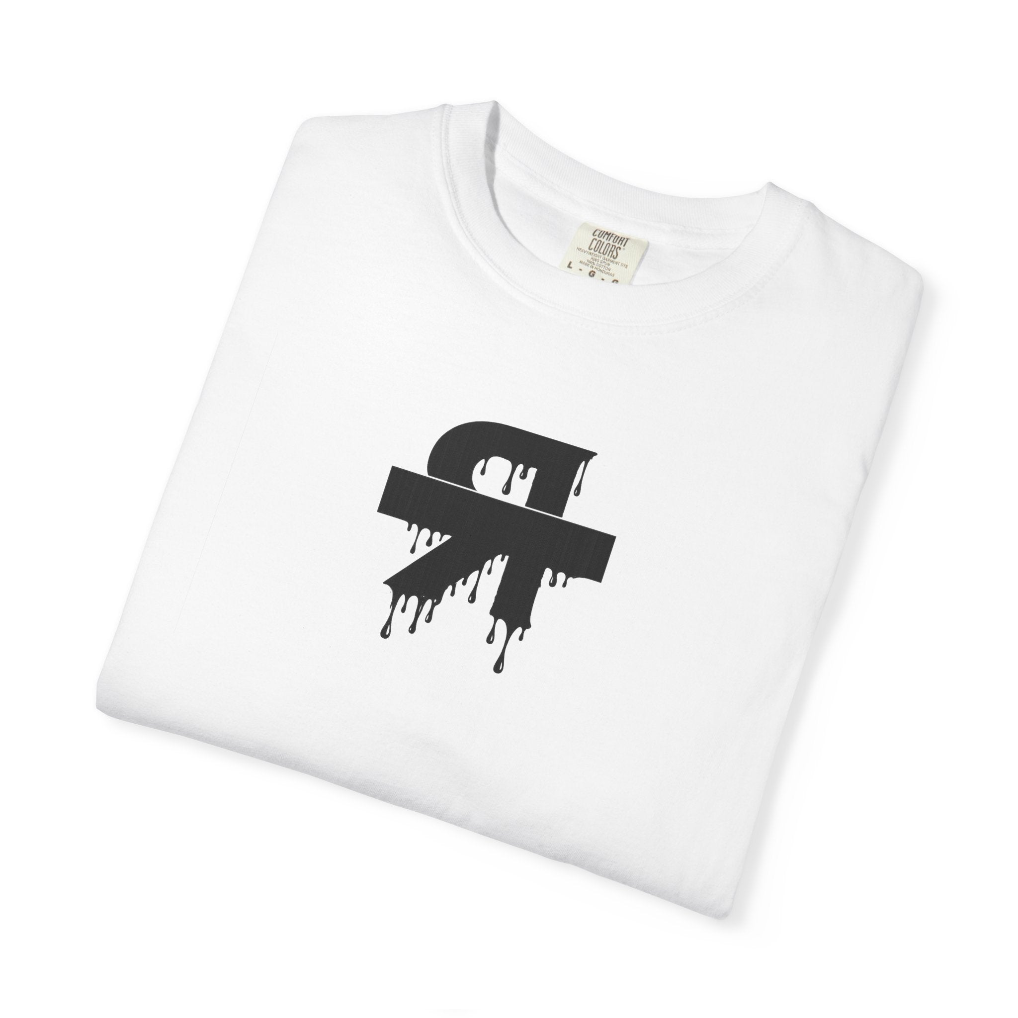 White t-shirt with a black graphic design on a white background