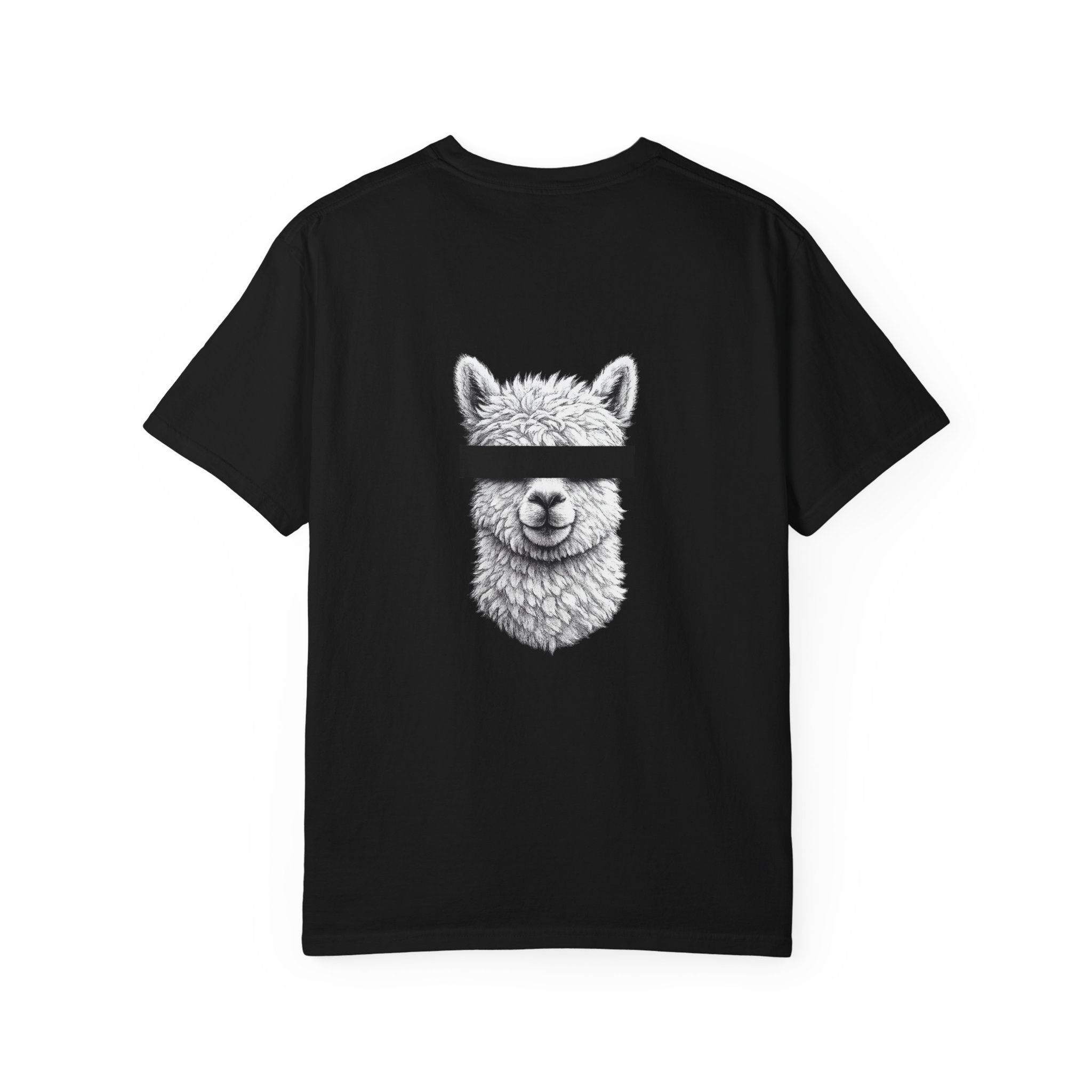 Black t-shirt with white text on a white background