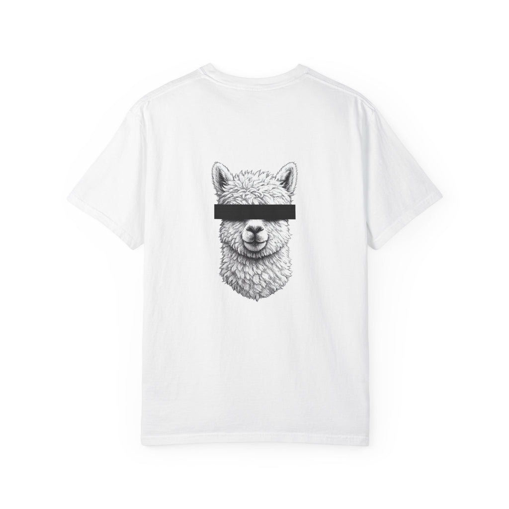 White t-shirt with a black and white graphic of a llama wearing a blindfold on a white background