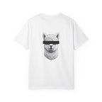 White t-shirt with a black and white graphic of a llama wearing a blindfold on a white background