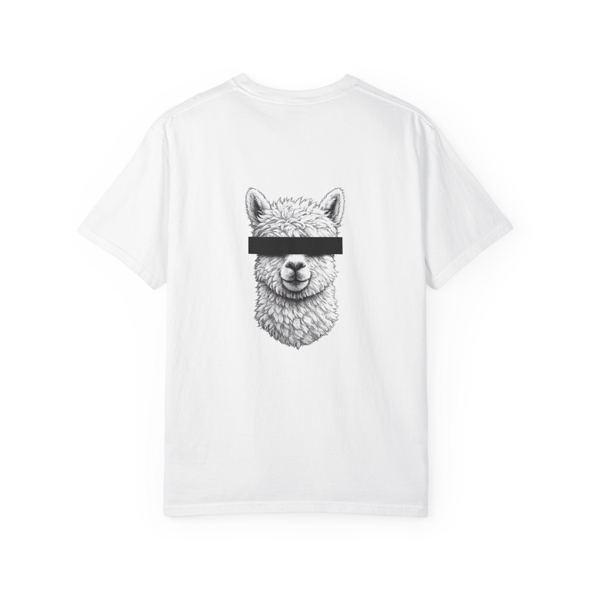 White t-shirt with a black and white graphic of a llama wearing a blindfold on a white background