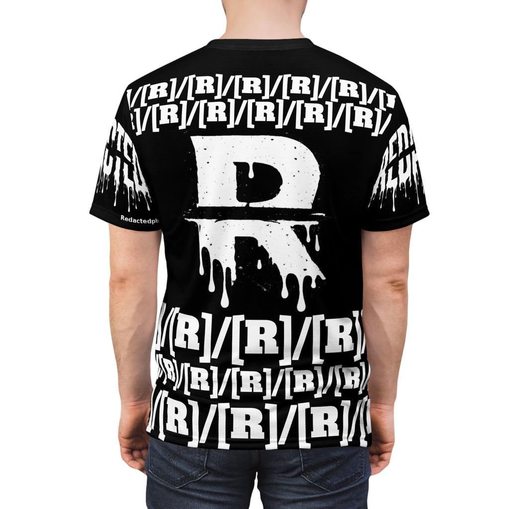 Black t-shirt with white graphic design on a white background