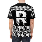 Black t-shirt with white graphic design on a white background