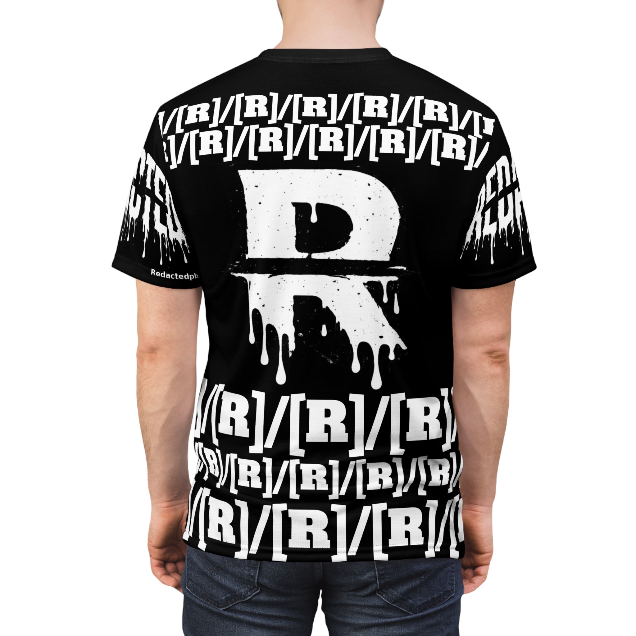 Black t-shirt with white graphic design on a white background