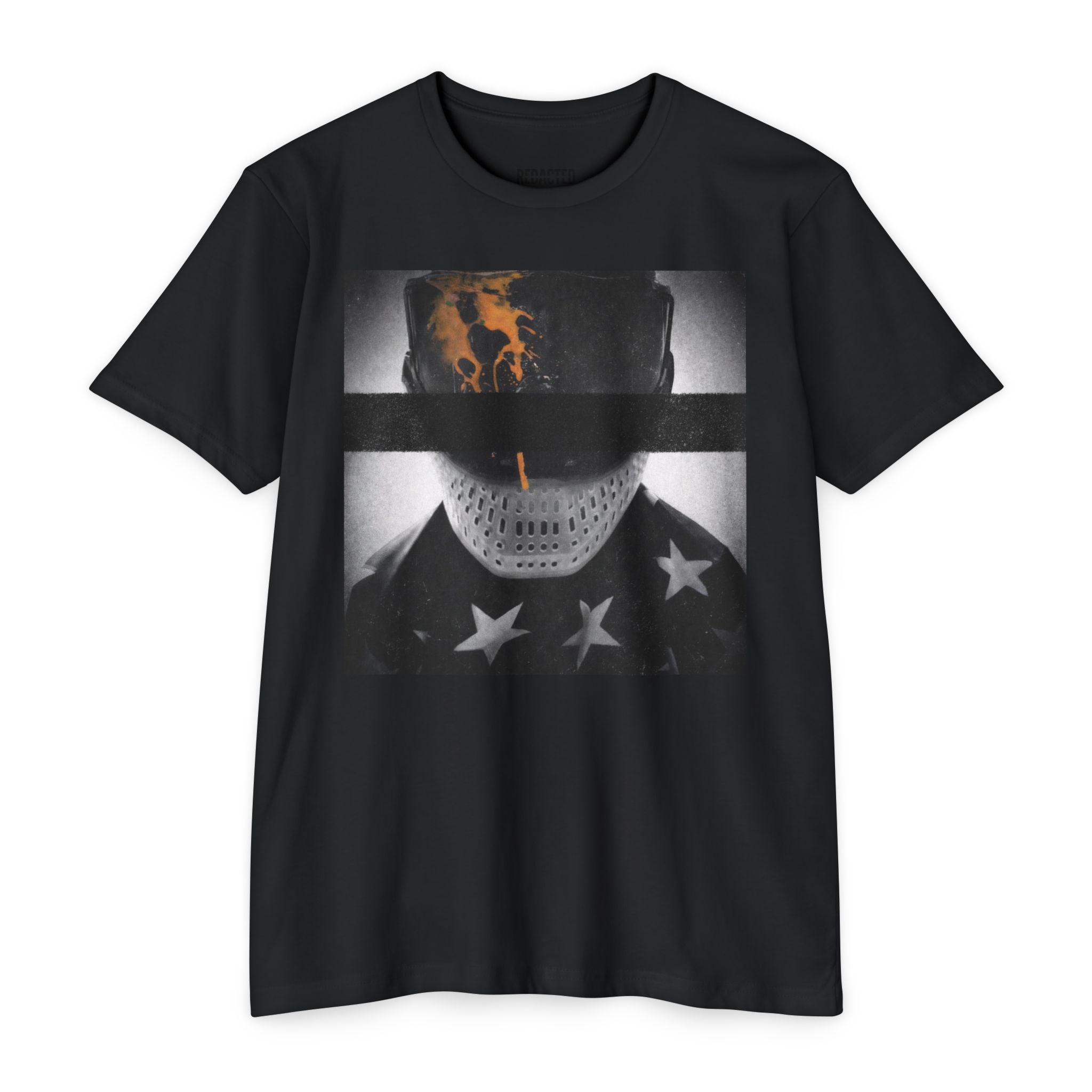 Gogged paintball t shirt with mask design and redacted PB bar across the eyes