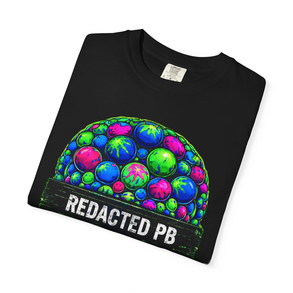Black t-shirt with colorful graphic design and 'REDACTED PB' text on a white background