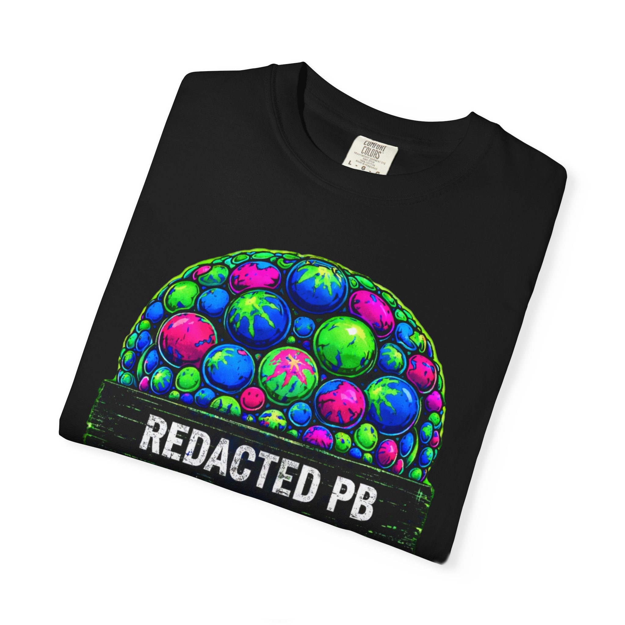 Black t-shirt with colorful graphic design and 'REDACTED PB' text on a white background