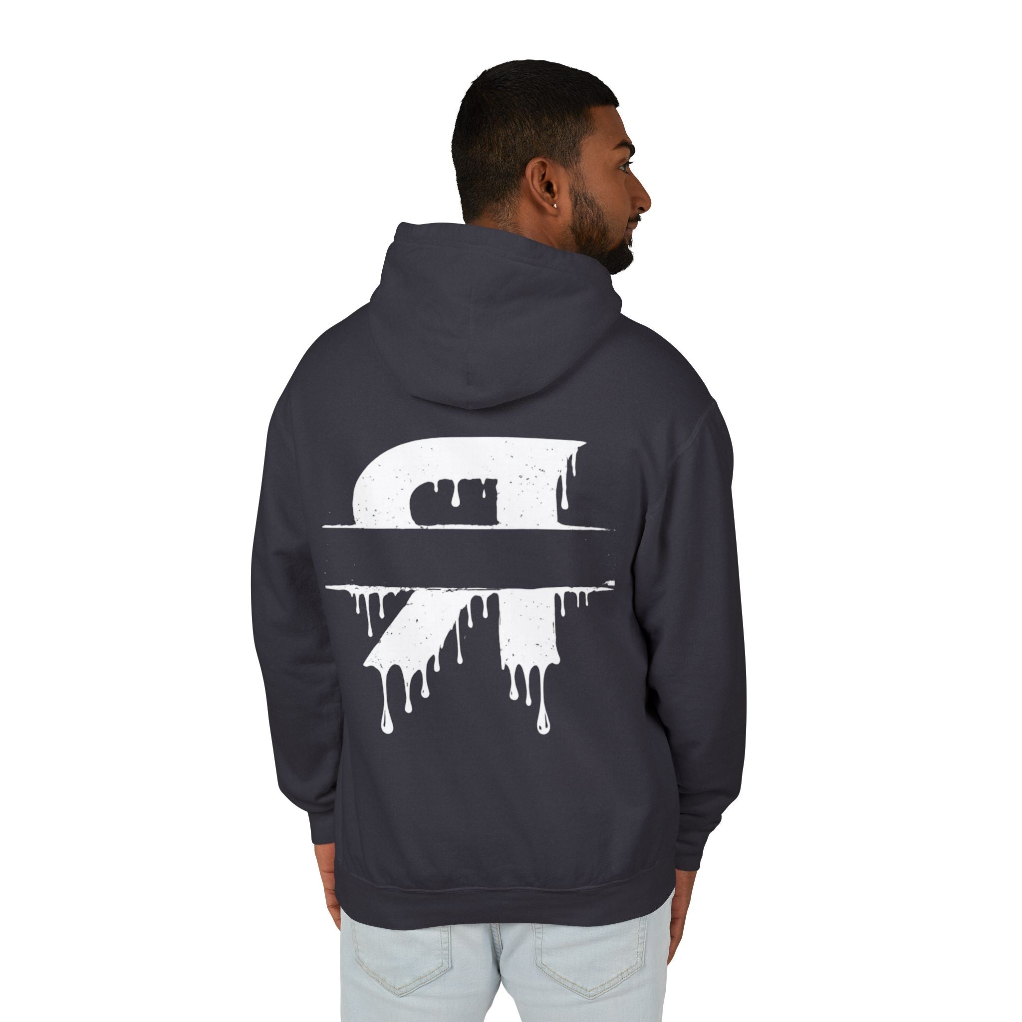 Person wearing a dark hoodie with a white graphic design on the back against a white background