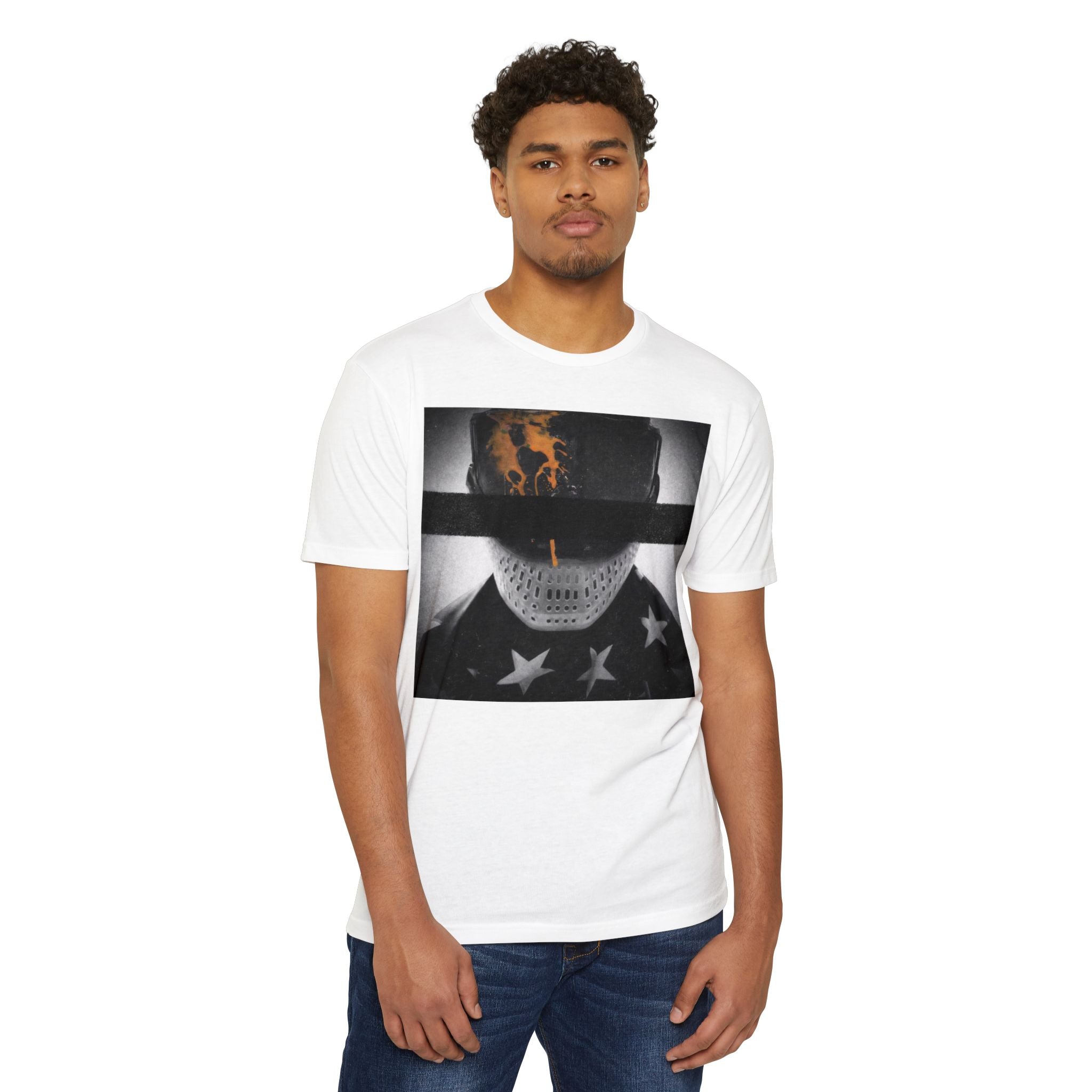 Male model wearing gogged paintball t shirt with mask graphic and redaction bar