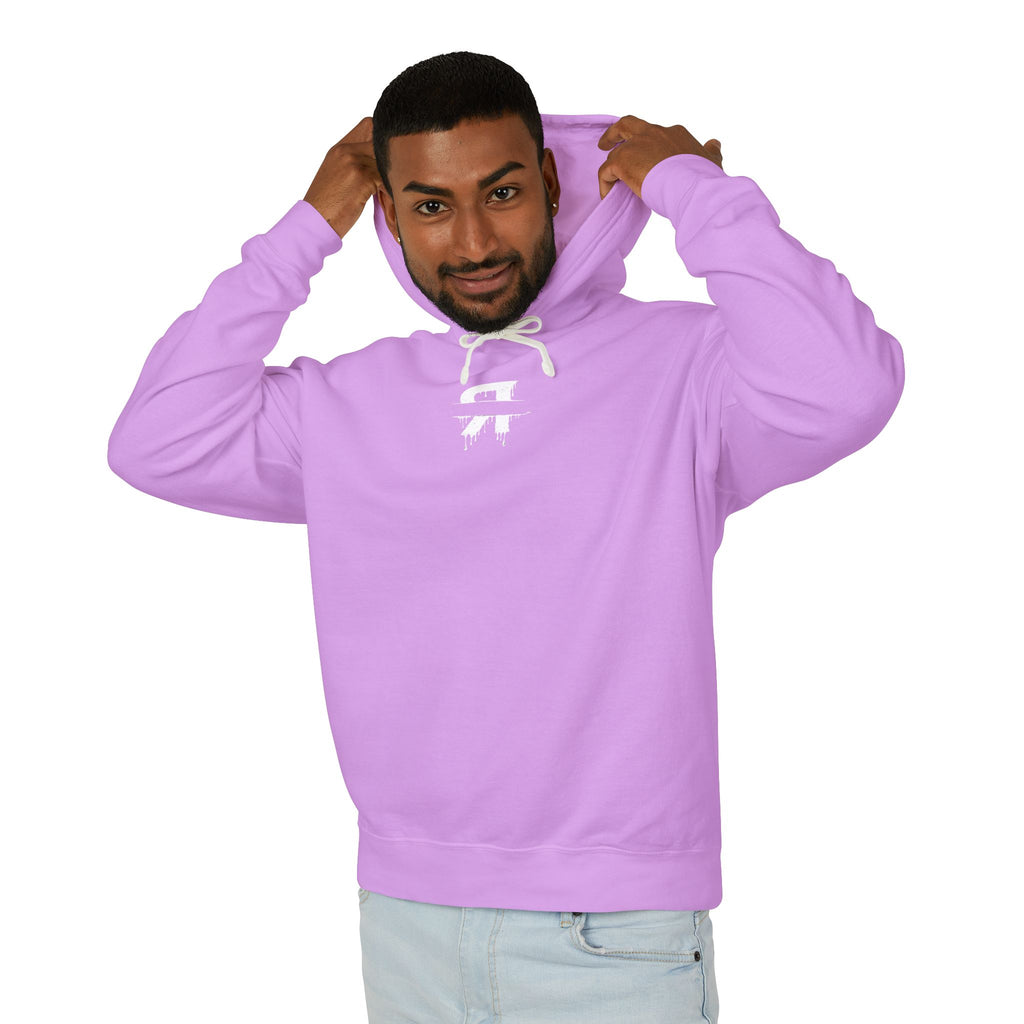 Man wearing a light purple hoodie with a logo on a white background