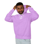 Man wearing a light purple hoodie with a logo on a white background
