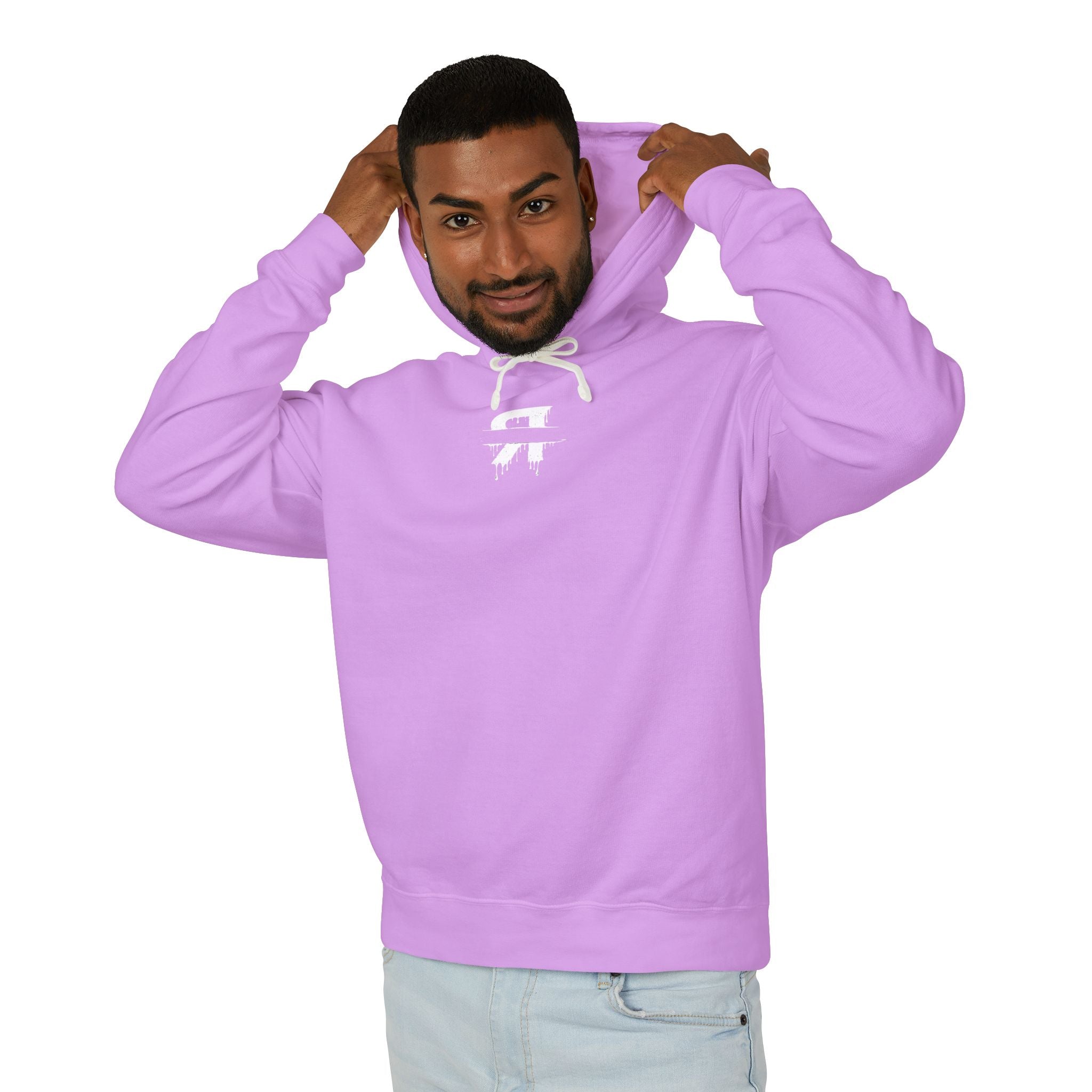 Man wearing a light purple hoodie with a logo on a white background