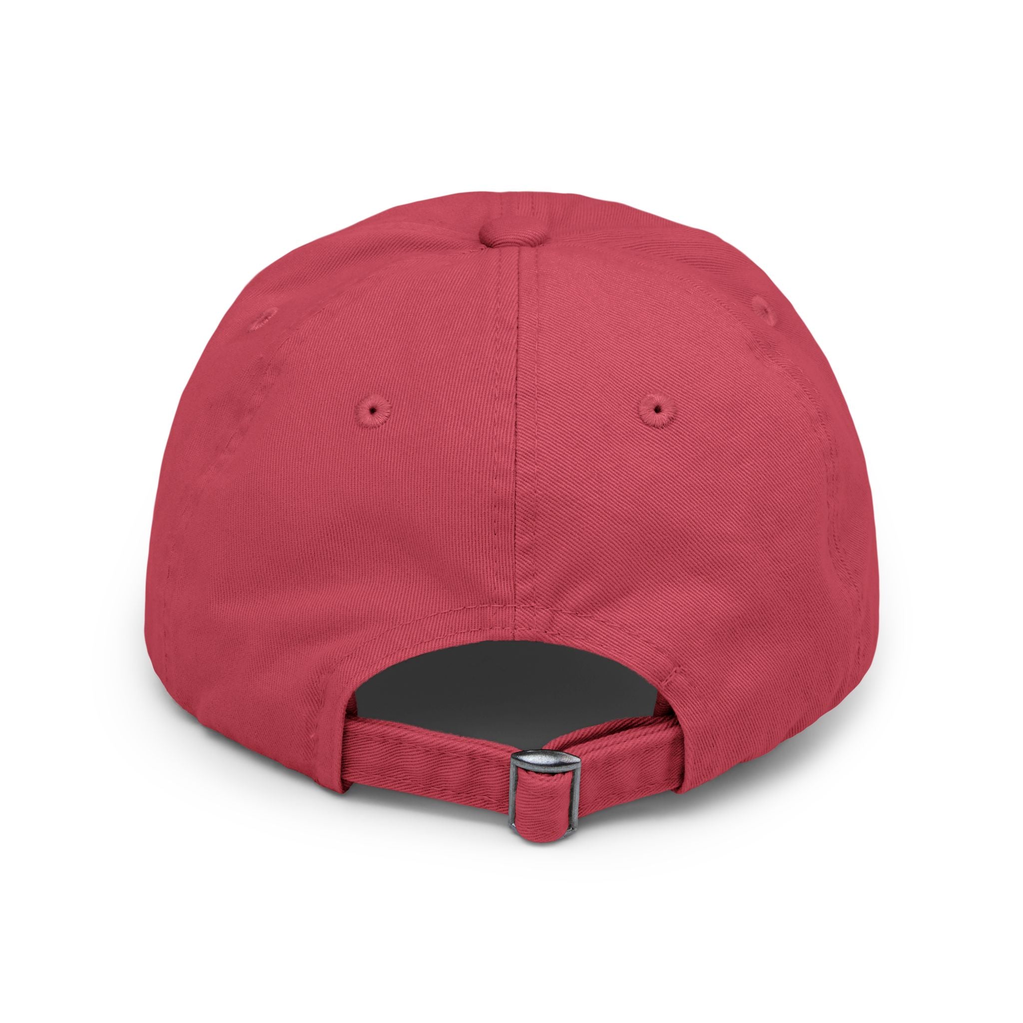 Red colored dad hat with [REDACTED] logo back angled view
