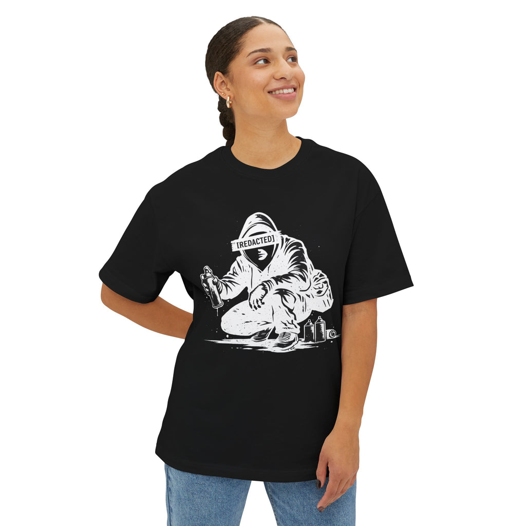 paintball streetwear t shirt with graffiti tagger design worn by model redactedpb