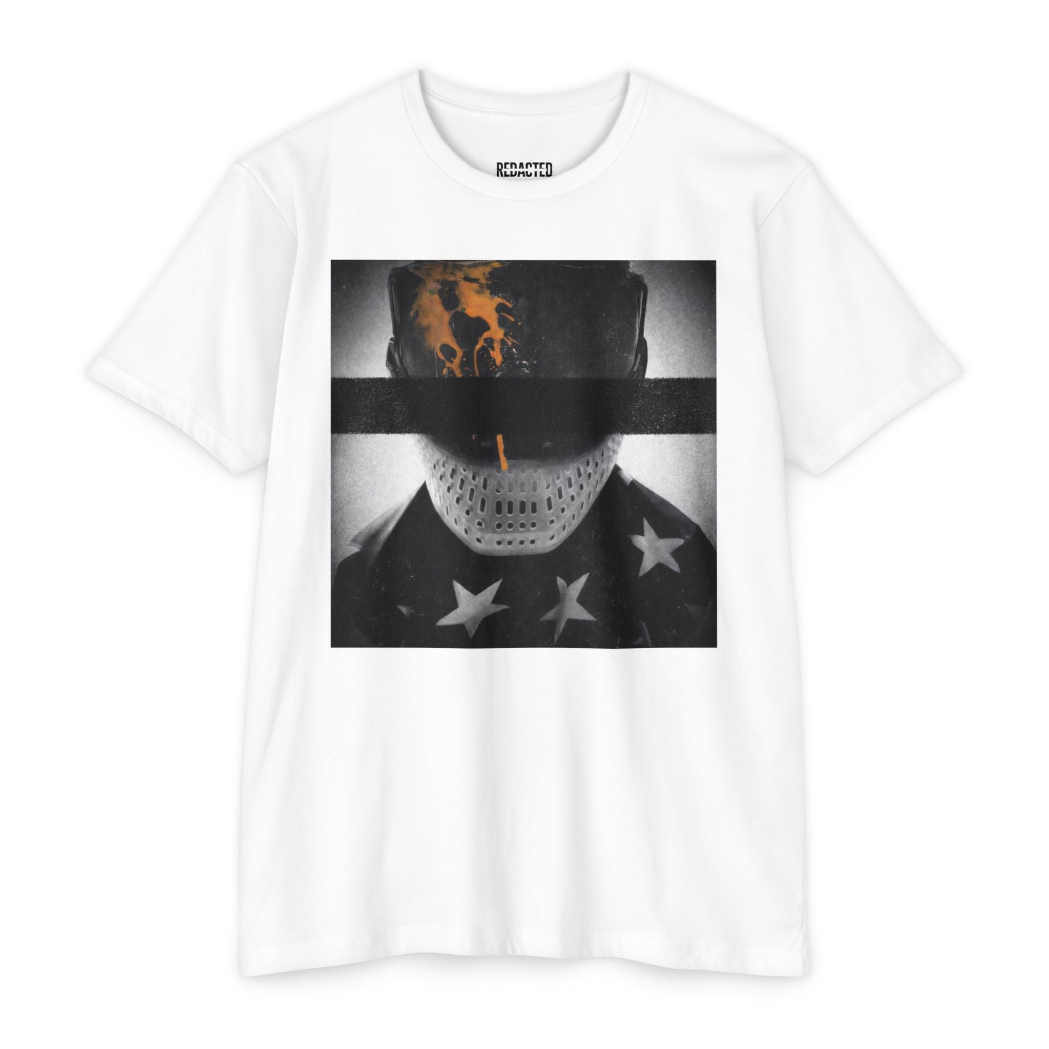 Paintball mask graphic t shirt with paint splatter hit and redacted PB bar design