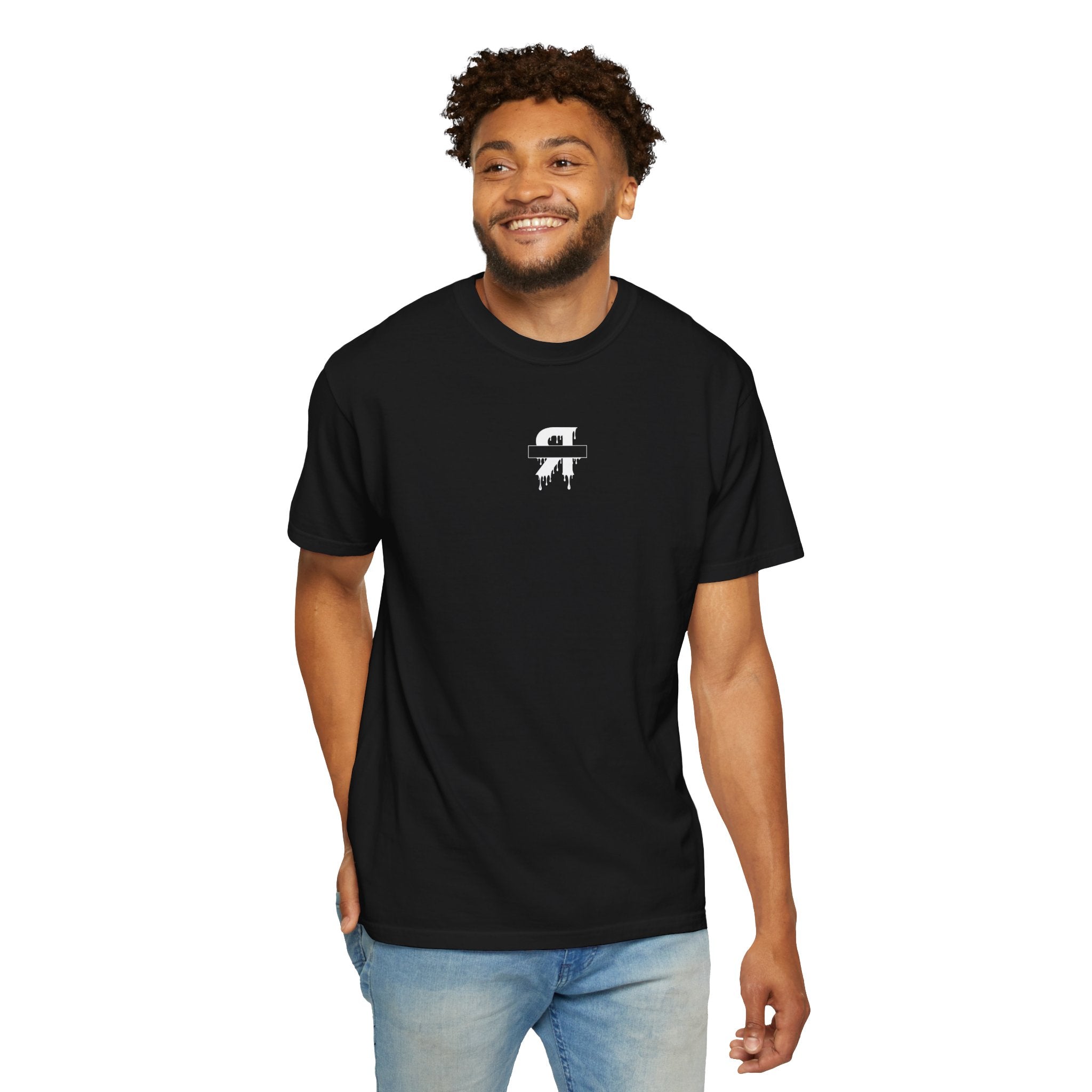 Man wearing a black t-shirt with 'CLOUDS' printed on it against a white background