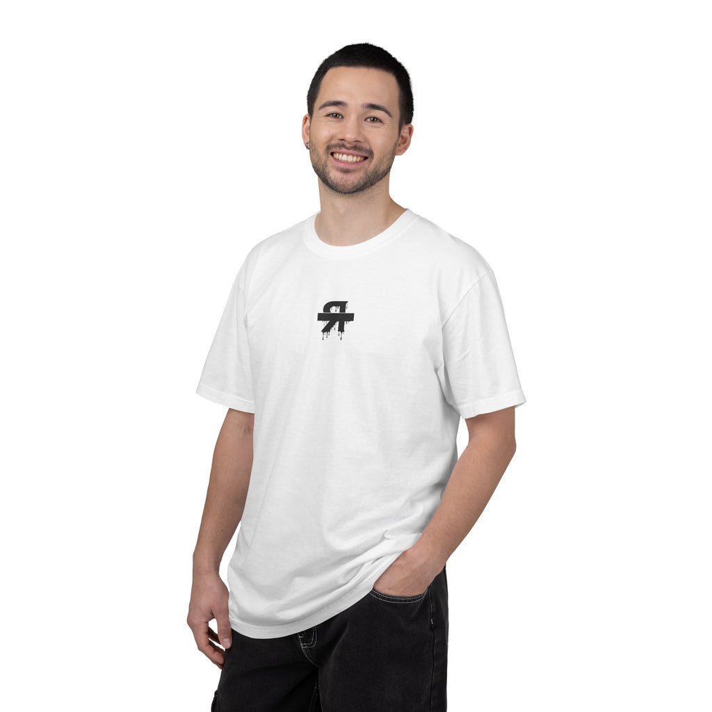 Man wearing a white t-shirt with 'godco.' text on a white background