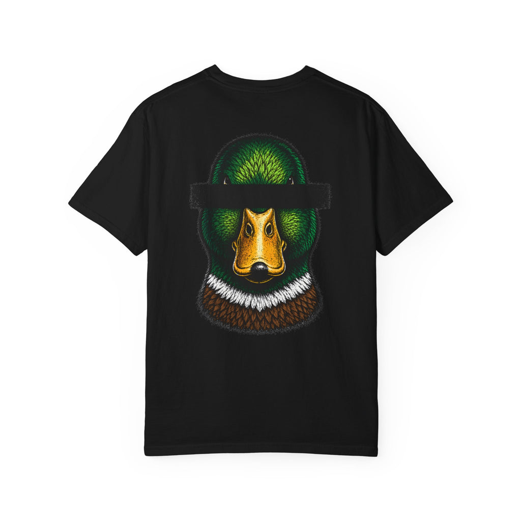 Black t-shirt with a duck head graphic on a white background