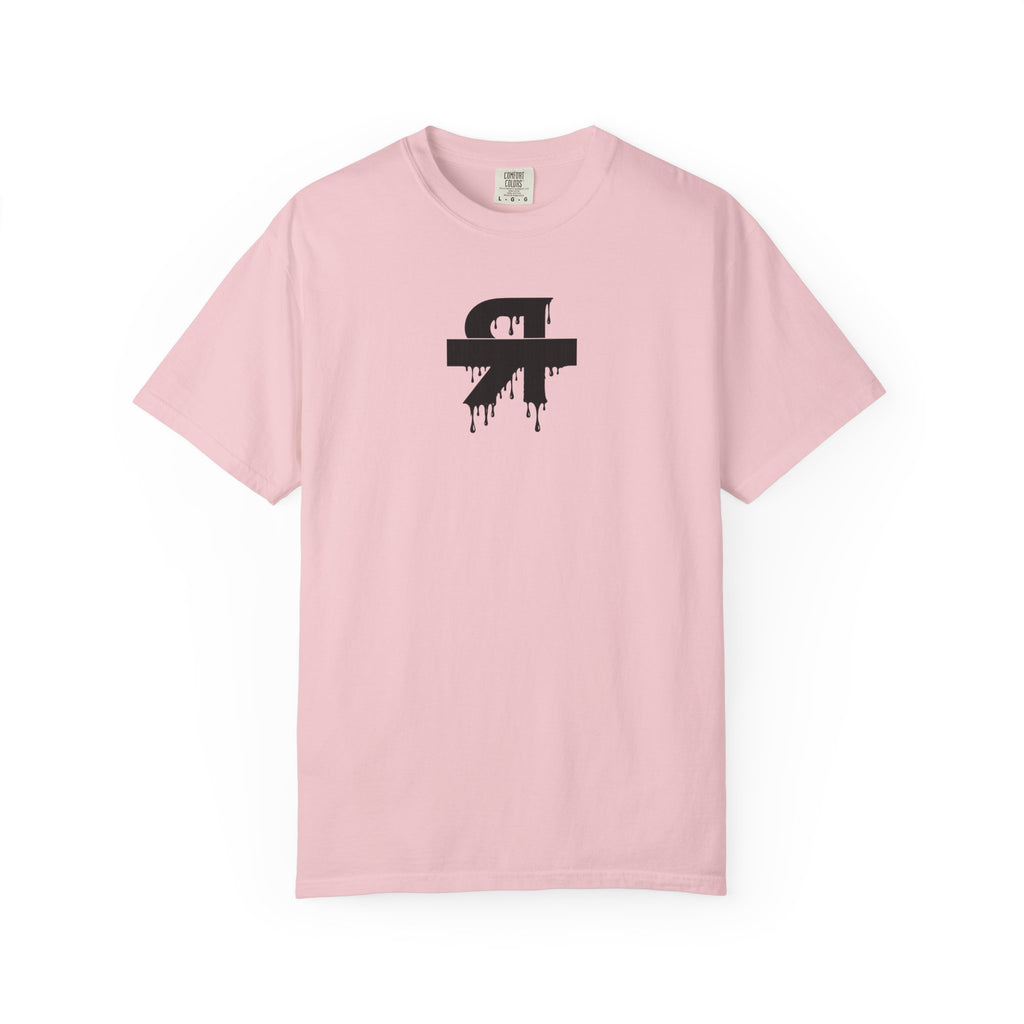 Pink t-shirt with a black logo on a white background