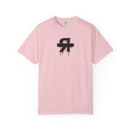 Pink t-shirt with a black logo on a white background