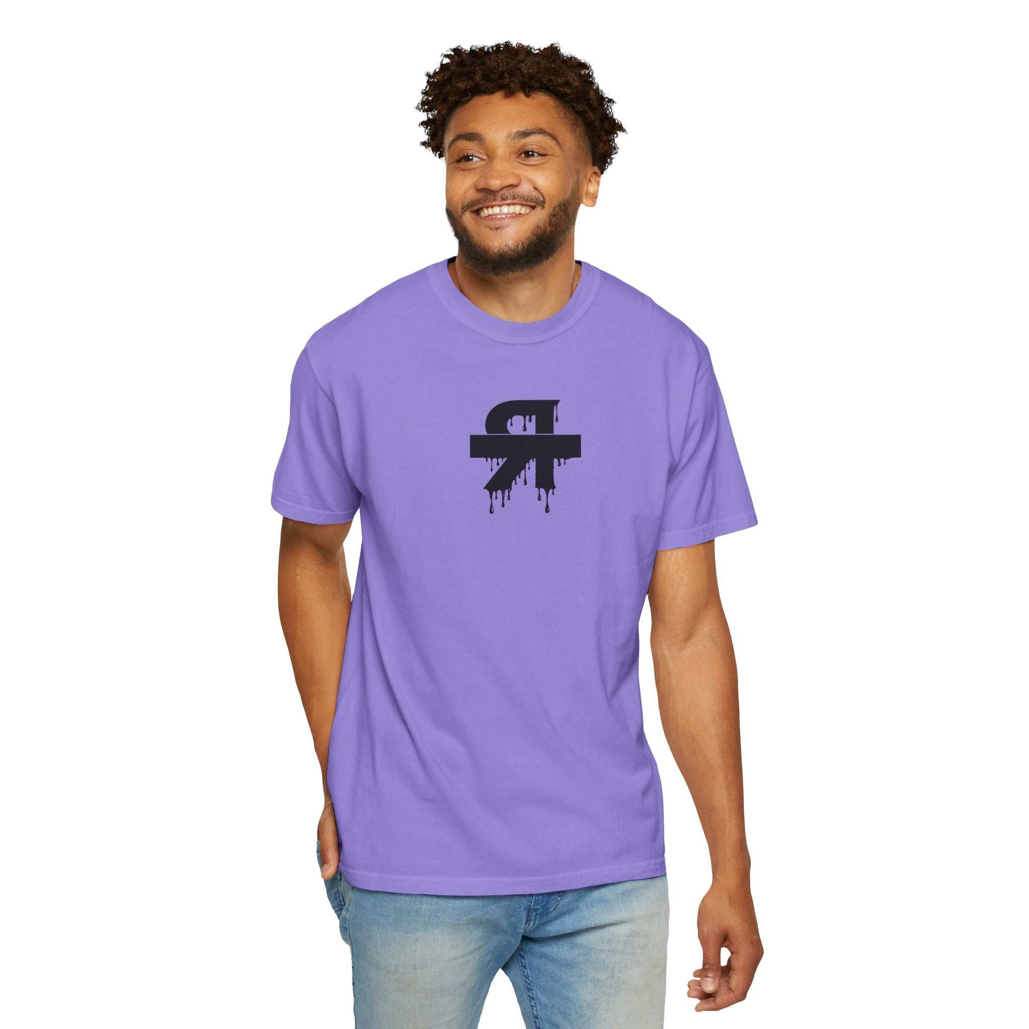 Man wearing a purple t-shirt with a black logo on a white background