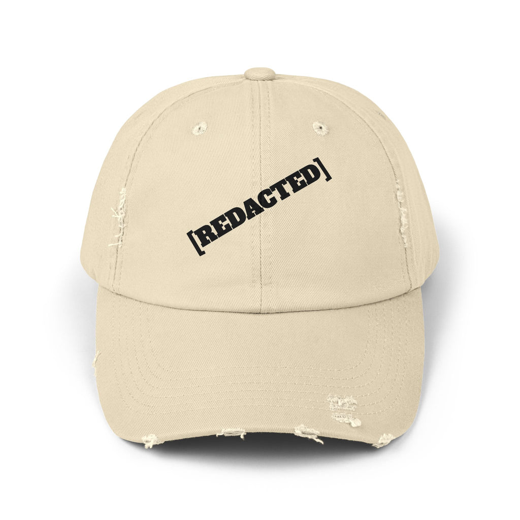 Khaki distressed dad hat with [REDACTED] text front view