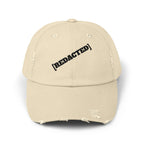 Khaki distressed dad hat with [REDACTED] text front view