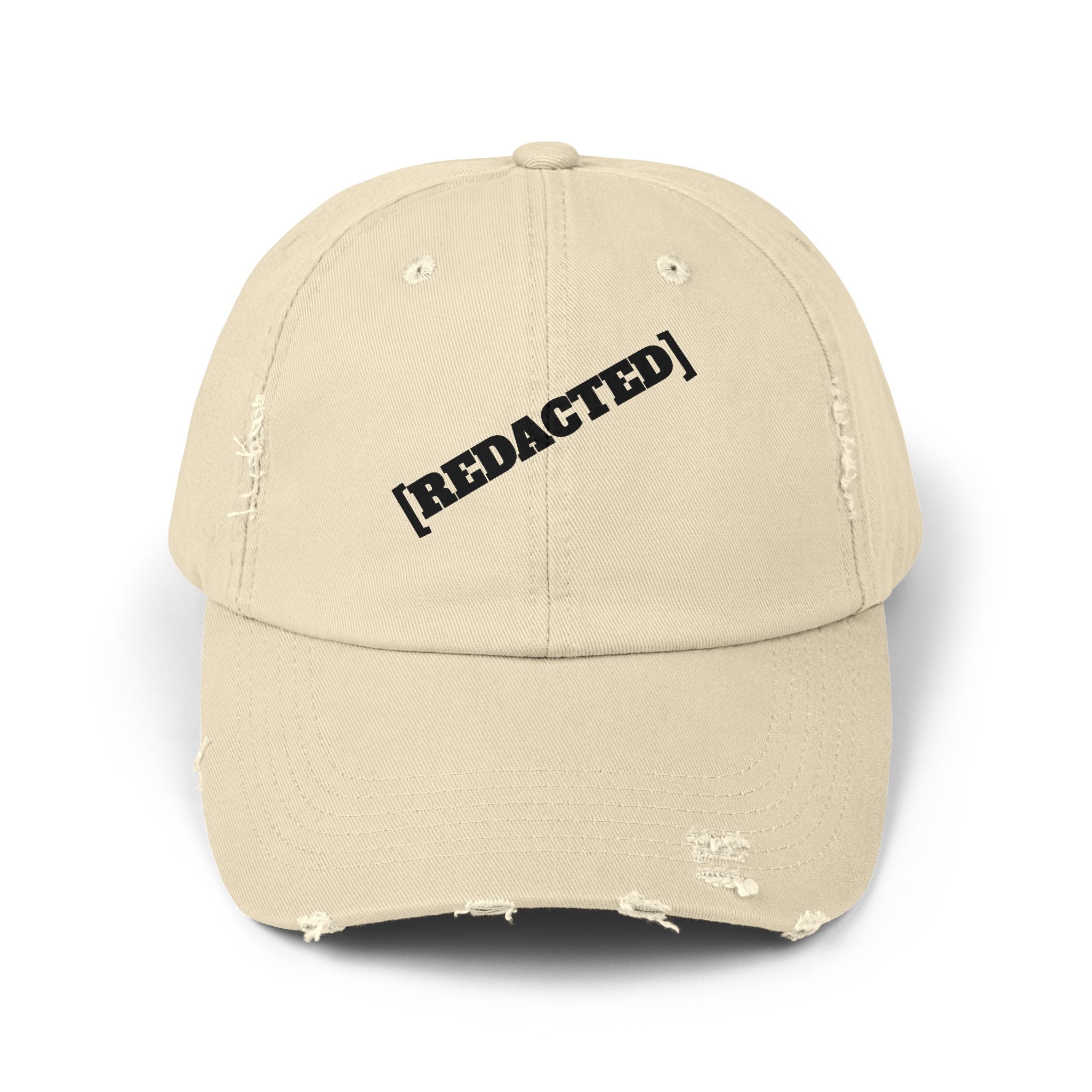 Khaki distressed dad hat with [REDACTED] text front view