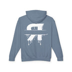 Blue hoodie with a white graphic design on the back against a white background