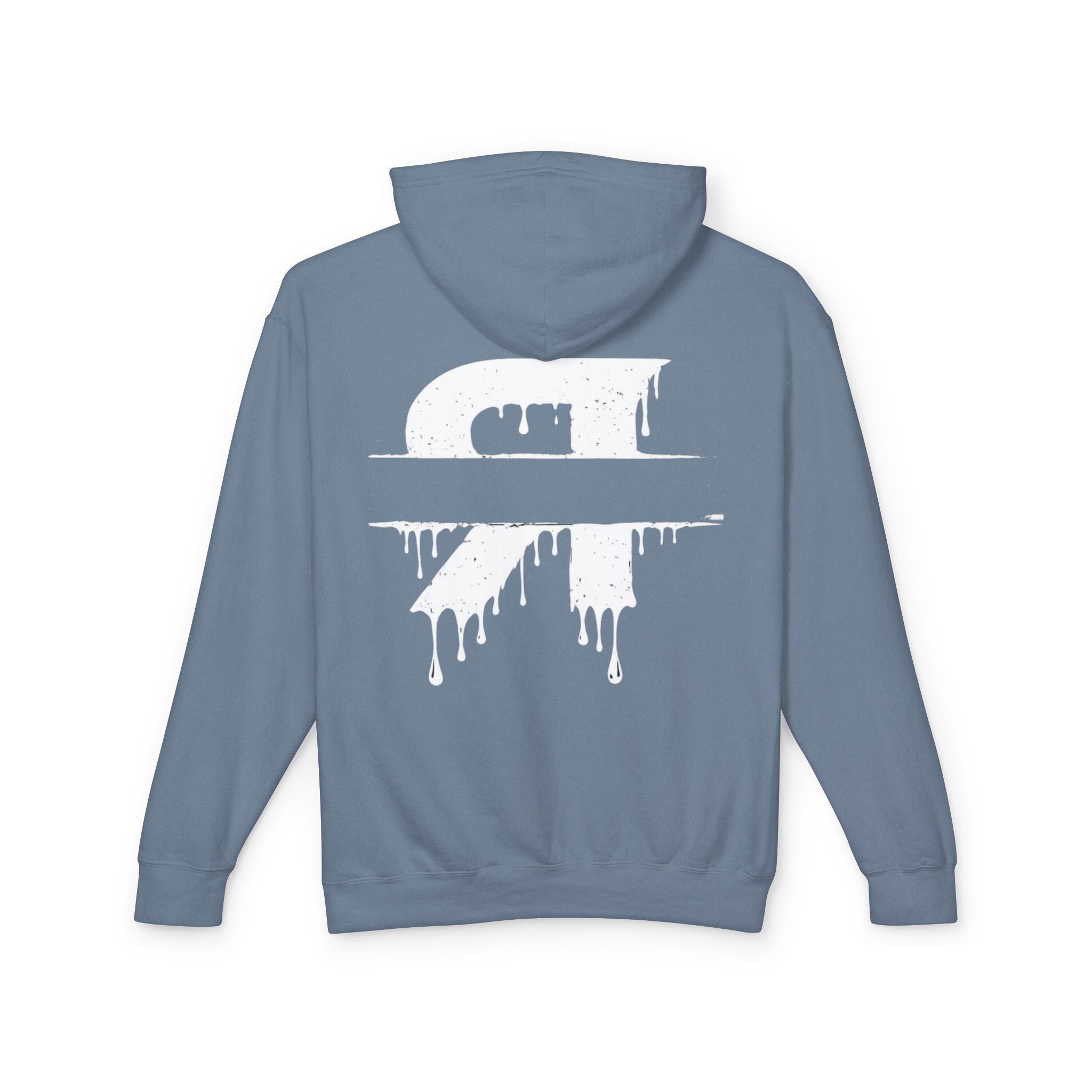 Blue hoodie with a white graphic design on the back against a white background