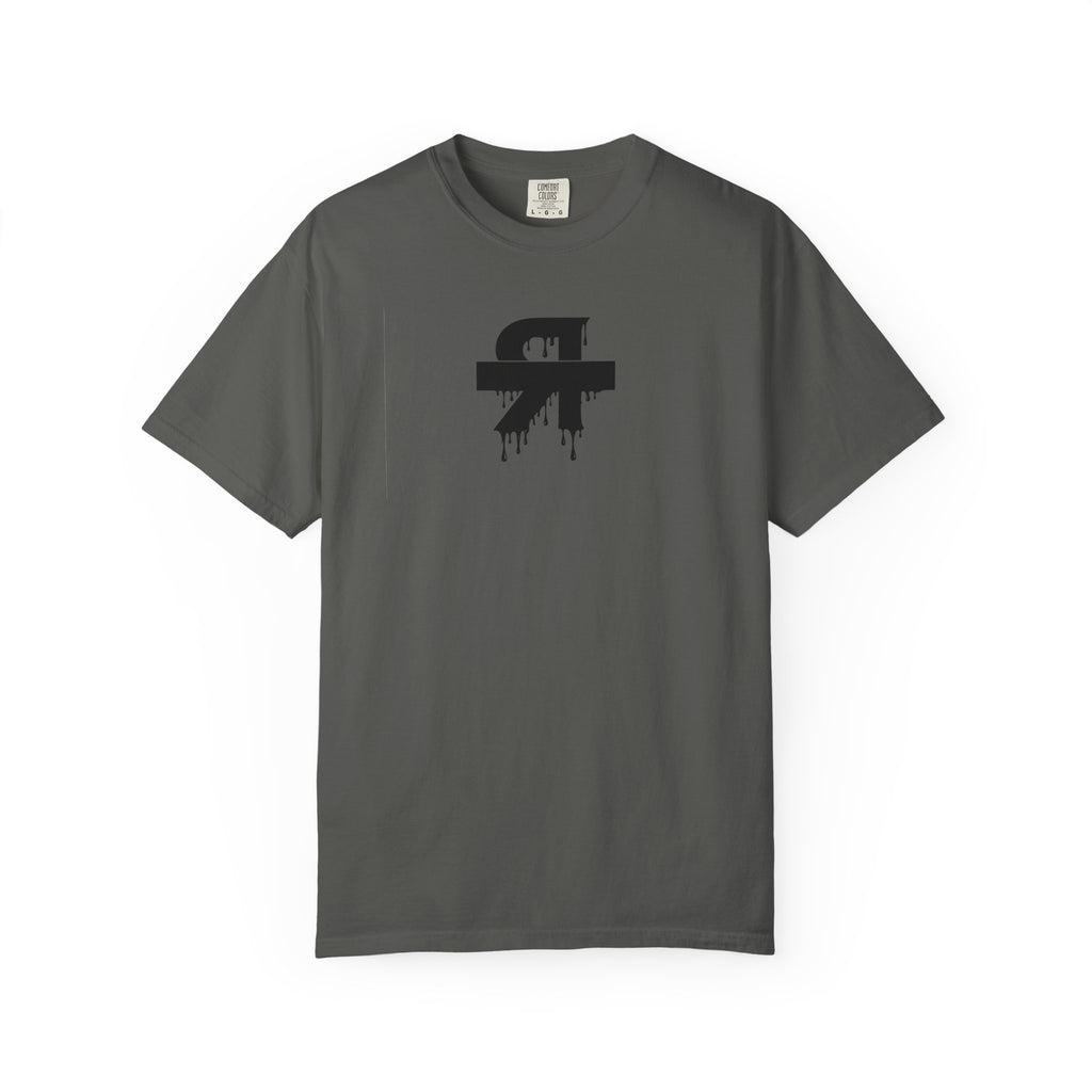 Gray t-shirt with a black logo on a white background