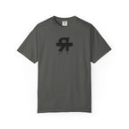 Gray t-shirt with a black logo on a white background