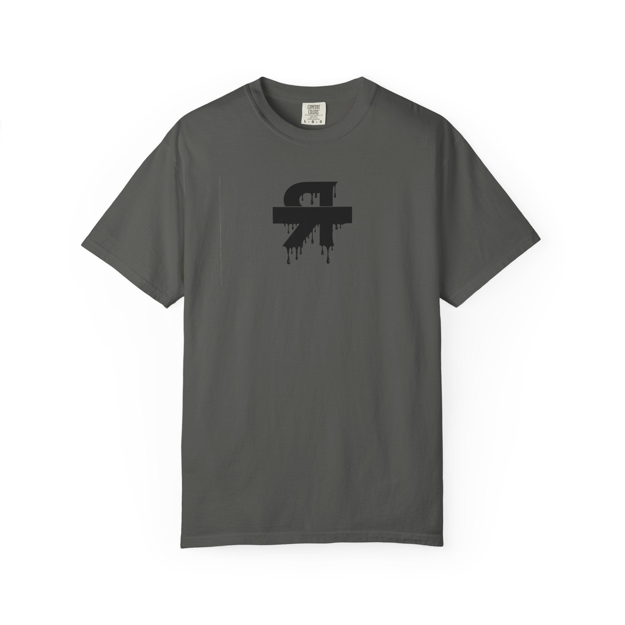 Gray t-shirt with a black logo on a white background