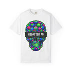 White t-shirt with a colorful skull design and 'Redacted PB' text on a white background